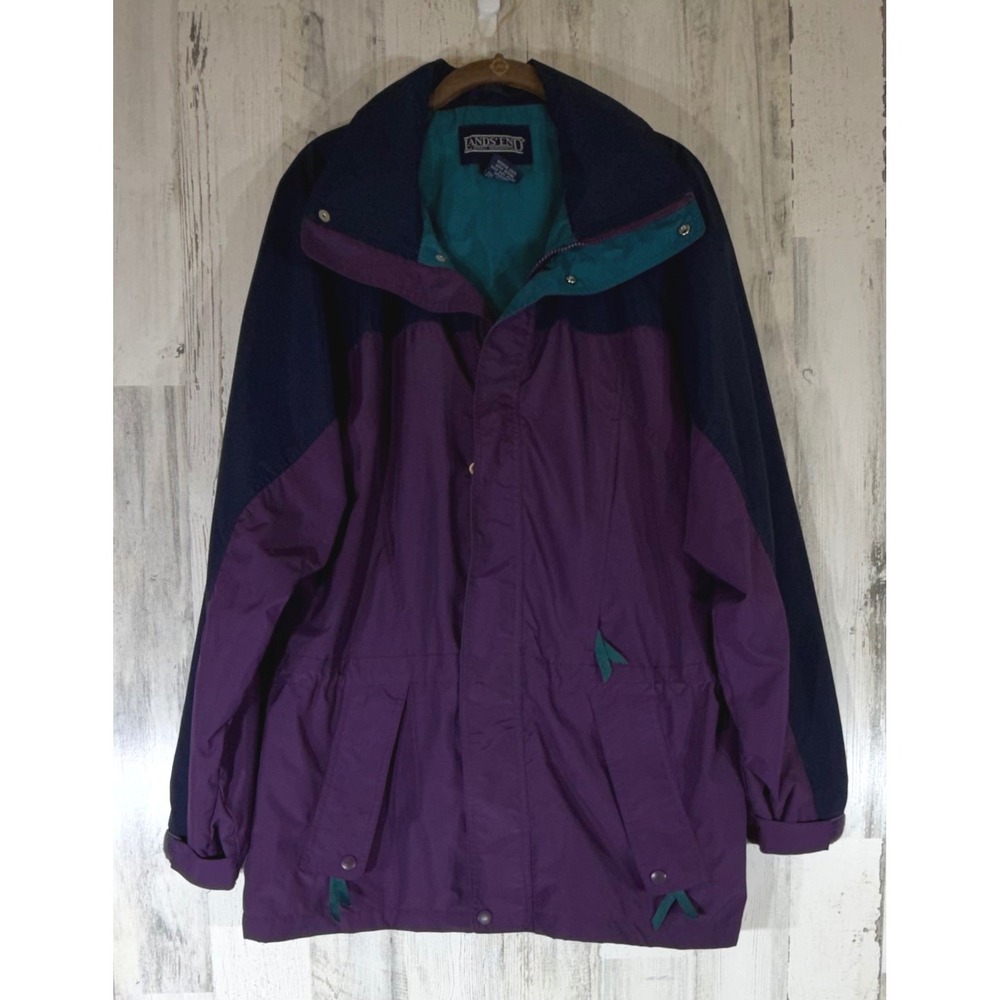 Lands End Rain Jacket Medium Purple Navy Hooded Colorblock Vintage 90s Gorpcore